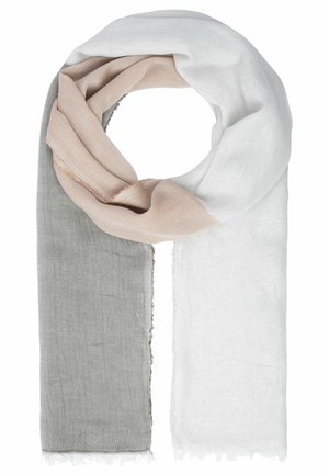 Leichter Schal mit drei Stofffarbblöcken in Grau, Beige und Weiß, locker geschlungen mit ausgefransten Kanten.