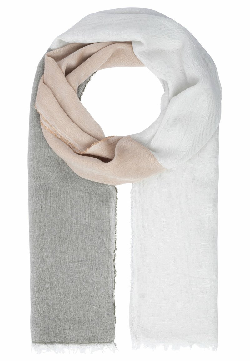 Écharpe légère avec trois zones de couleur en tissu gris, beige et blanc, bouclée de manière lâche avec des bords effilochés.