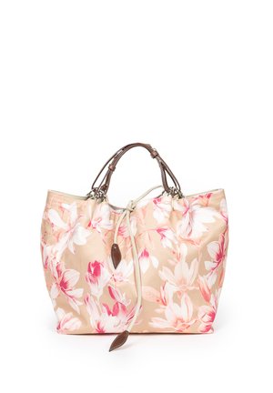 Beżowa torba na ramię z różowym i białym kwiatowym wzorem, brązowymi skórzanymi uchwytami oraz zamknięciem na sznurek ze skórzanymi akcentami.