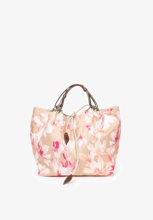 Beżowa torba na ramię z różowym i białym kwiatowym wzorem, brązowymi skórzanymi uchwytami oraz zamknięciem na sznurek ze skórzanymi akcentami.