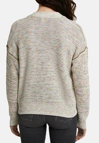 Leichter, gestrickter Pullover aus mehrfarbigem Garn; verfügt über einen lockeren Sitz, gerippte Bündchen und Saum sowie einen runden Halsausschnitt. Rückansicht gezeigt.
