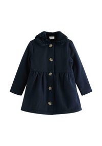 Cappotto bambini blu navy con maniche lunghe, quattro grandi bottoni, vita arricciata e un morbido collo di pelliccia testurizzata.