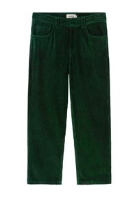 Pantalones de pana verde con un diseño de pierna recta, que presentan canalones verticales, cuatro bolsillos y una cinturilla con cierre de botón.