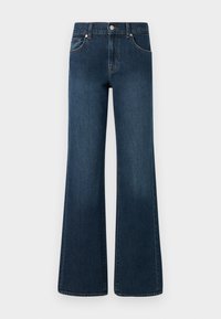 Bredde ben denim jeans i mørkeblå vask, med knappeåpning, fem lommer, og en lett falming i teksturen for ekstra detaljer.