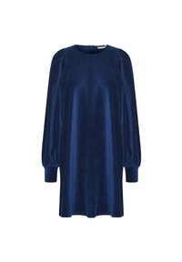 Navyblaues Samtkleid mit Rundhalsausschnitt, voluminösen langen Ärmeln und gerippter Textur, mit einem Rückenreißverschluss.