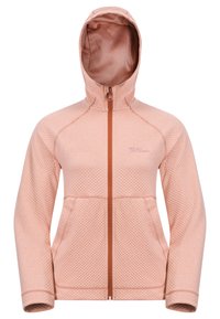 Giacca zip-up rosa chiaro, tessuto testurizzato con motivo a diamante, cappuccio attaccato e tasche. Presenta dettagli a contrasto nella cerniera e nella cucitura.