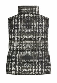 Zwart-wit geblokte puffer vest met hoge kraag, voorzien van een gewatteerde textuur en horizontale stiksels over het lichaam.