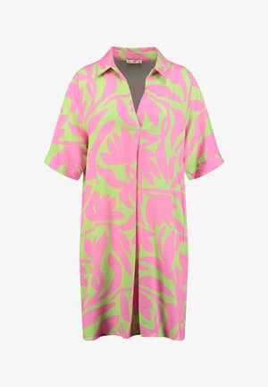 Kurzärmeliges, geknöpftes Hemd im pinken und grünen Blumenmuster. Glatte Stoffqualität mit lockerer Passform und tiefem V-Ausschnitt.