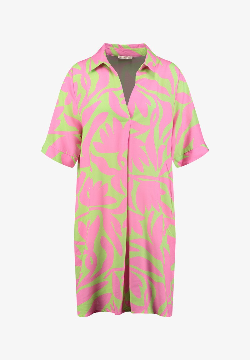 Koszulka z krótkim rękawem i kołnierzykiem w różowo-zielony wzór kwiatowy. Gładki materiał, luzny krój i głęboki dekolt w kształcie litery V.