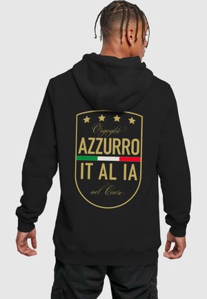 Black hoodie featuring a large, gold shield logo on the back, with the text "Orgoglio Azzurro IT AL IA" and red/green accents.