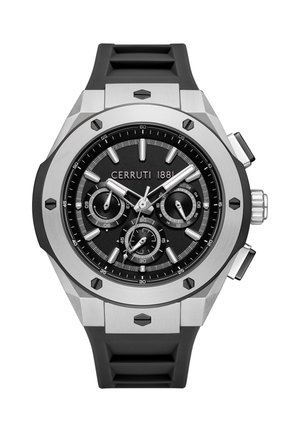 Cerruti 1881 kronograafi kell musta tahhiga, hõbedaste aktsentidega, roostevabast terasest korpus ja must kummirihm. Omab kolme alataldrikku.