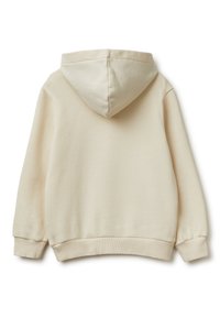 Sudadera con capucha beige de tejido texturizado. Presenta puños y dobladillo acanalados, una gran capucha y sin logotipos ni patrones visibles.