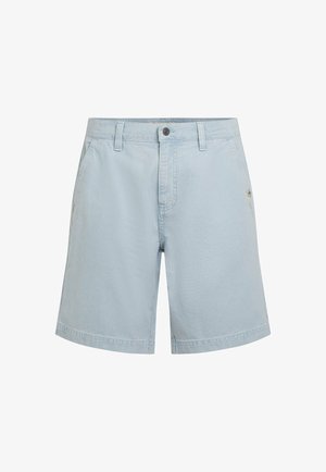 Svetlo modre bombažne hlače z gladko teksturo, z gumbom spredaj, zankami za pas in stranskimi žepi. Na strani je subtilen detajl logotipa.