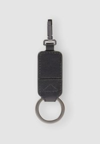 Black leather keychain holder featuring a rectangular shape, silver hardware, a loop for attachment, and a stitched texture.