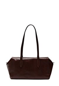 Borsa in pelle marrone con due lunghe maniglie, forma rettangolare, texture liscia e angoli arrotondati. Caratterizzata da un design minimalista.