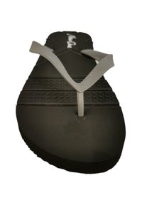 Black flip-flop with a textured sole, featuring a wide gray strap and a thin white thong between the toes for added support and comfort.