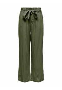 Green linen wide-leg pants with an elastic waistband and tie detail at the front. Soft texture with a relaxed fit and no visible patterns.