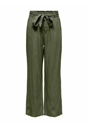 Pantaloni larghi in lino verde con vita elastica e dettaglio a cravatta frontale. Tessuto morbido con una vestibilità comoda e senza motivi visibili.