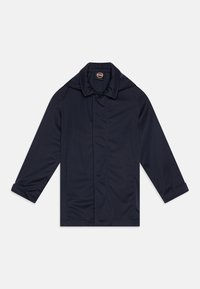 Navy blue waterproof coat with a classic collar, button closure, and rolled-up sleeves. Smooth fabric with a tailored silhouette.