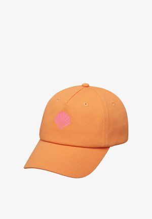 Orange baseball cap with a small pink seashell graphic on the front panel, featuring stitched ventilation holes and curved brim.