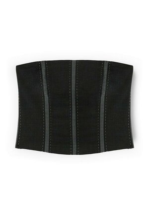 Top corsetto nero con forma strutturata, caratterizzato da pannelli cuciti verticalmente con filo più chiaro. Texture liscia con vestibilità su misura.