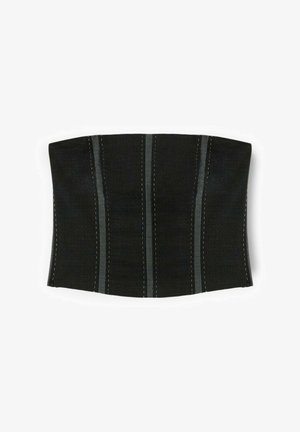 Zwarte korsettop met een gestructureerde vorm, voorzien van verticale gestikte panelen in een lichter garen. Soepele textuur met een op maat gemaakte pasvorm.