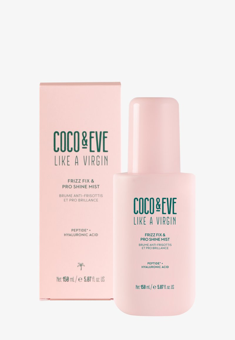 Coco & Eve Frizz Fix & Pro Shine Mist i en rosa, ogenomskinlig flaska med pumpkork, tillsammans med en matchande rosa låda med grön text.