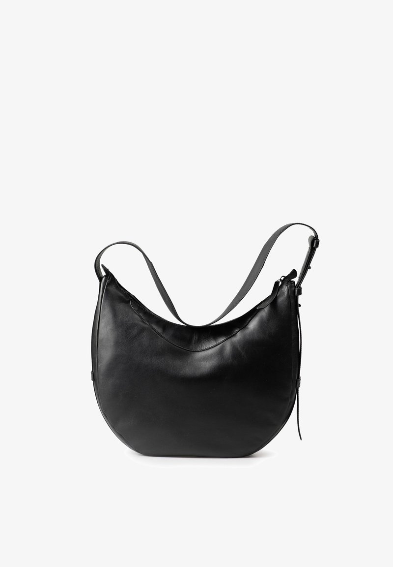 Black leather shoulder bag with a curved shape, a single strap, and a smooth texture, featuring a subtle seam detail along the top edge.
