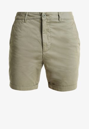 Khaki shorts made from lightweight fabric, featuring a flat front, single button closure, and rolled cuffs for a tailored appearance.