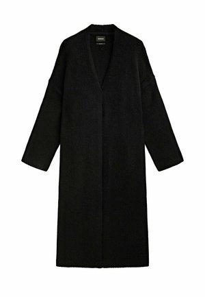 Long manteau noir en laine avec manches longues et col ouvert sur le devant, présenté à plat sur fond blanc.