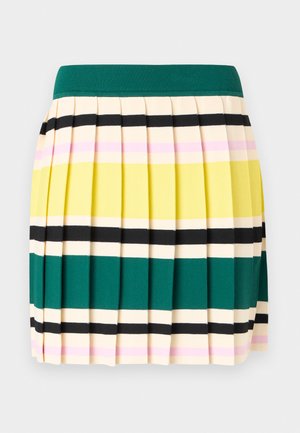 Fustă plisată cu dungi orizontale în verde, galben, roz, negru și crem, având o talie lată verde.