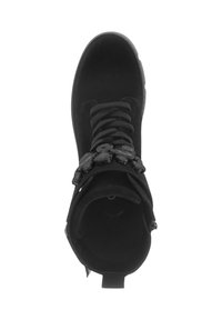 Black suede ankle boot with a rounded toe, lace-up design, and decorative black hardware across the front. Soft texture and sturdy sole.