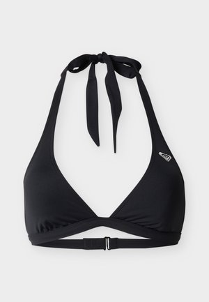 Czarny bikini top na szyję z trójkątnymi miseczkami, regulowany zapięciem z tyłu oraz małym srebrnym logo na lewej miseczce na białym tle.