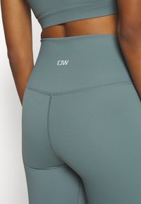 Legginsy z wysokim stanem w stonowanym zielonkawym odcieniu. Wykonane z gładkiej, elastycznej tkaniny z subtelnymi przeszyciami i wyszywanym logo na pasku biodrowym.