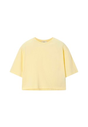 Lichtgele cropped T-shirt met korte mouwen, een ronde hals en een losse pasvorm, weergegeven op een witte achtergrond.