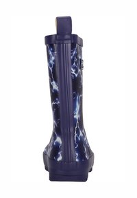 Marineblauwe rubberen regenlaarzen met een bliksemflitspatroon in wit en blauw. Glad oppervlak met een versterkte bovenrand en een trekhaak voor eenvoudig aan- en uittrekken.