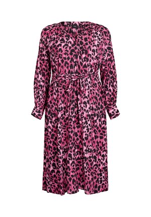 Vestido de leopardo rosa y negro, hecho de una tela ligera, presenta mangas largas, un cinturón de lazo en la cintura y un corte relajado.