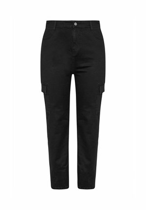 Sorte denim cargo bukser med slim fit, der har sidelomme, lynlåse samt knaplukning. Glat tekstur og slidstærkt stof.
