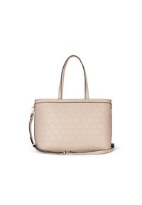 Beige tote väska i texturerat läder med ett diskret logomönster, dubbla handtag på toppen och ett avtagbart axelrem med guldfärgad hårdvara.