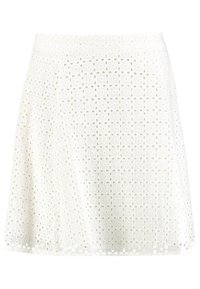 Bílá sukně s očkovým vzorem a rozšířeným designem. Obsahuje kulaté výřezy a texturovaný povrch. Délka do poloviny stehna s hladkým pasem.