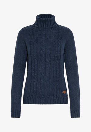 Navy blue knitted sweater with a high ribbed collar, featuring a cable knit pattern and a small brown leather logo patch at the hem.