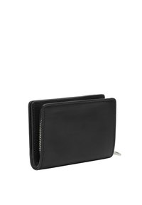 Czarny skórzany portfel o gładkiej fakturze, prostokątnym kształcie, z zamknięciem na zamek oraz widocznym szwem wzdłuż krawędzi. Minimalistyczny design.