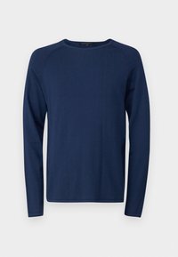 Pull-over bleu marine à manches longues et col rond, fabriqué en tissu tricoté lisse avec des manches raglan et un ourlet droit. Aucun motif ou accent visible.