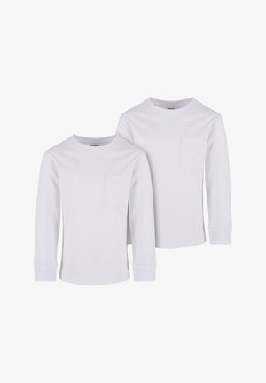 Dwie białe bawełniane koszulki z długim rękawem. Każda z nich posiada okrągły dekold, kieszeń z przodu oraz elastyczne mankiety przy nadgarstkach. Miękka tekstura materiału.