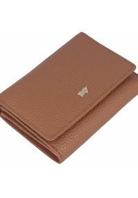 Portafoglio in pelle marrone con superficie texture, design pieghevole e un piccolo emblema dorato sulla parte anteriore. Compatto e funzionale.