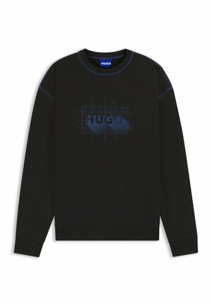 Black sweatshirt with long sleeves, ribbed cuffs, and hem. Features a blue logo print and stitching details. Soft fabric texture.