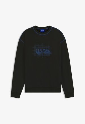 Black sweatshirt with long sleeves, ribbed cuffs, and hem. Features a blue logo print and stitching details. Soft fabric texture.