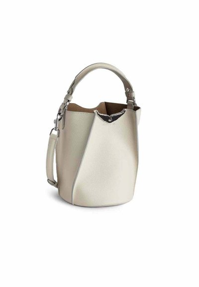 Bucket bag in textured cream leather with a tapered design, short handle, and adjustable strap. Features a silver-tone hardware accent.