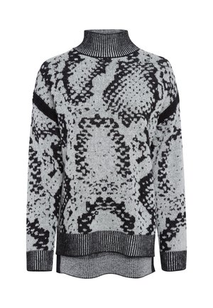 Black and grey knitted sweater featuring a snake pattern, high neck, long sleeves, ribbed accents, and a relaxed fit with side slits.