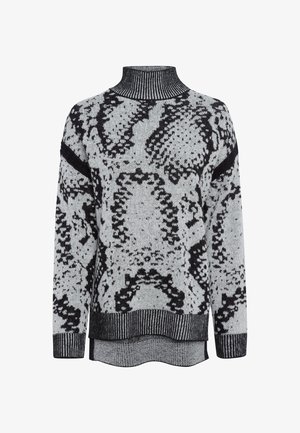 Black and grey knitted sweater featuring a snake pattern, high neck, long sleeves, ribbed accents, and a relaxed fit with side slits.